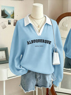 Women's Graphic Print Contrast Collar Polo V Neck Long Sleeve Sweatshirt, Loose Soft Casual Fall Winter Daily Wear - Light Blue