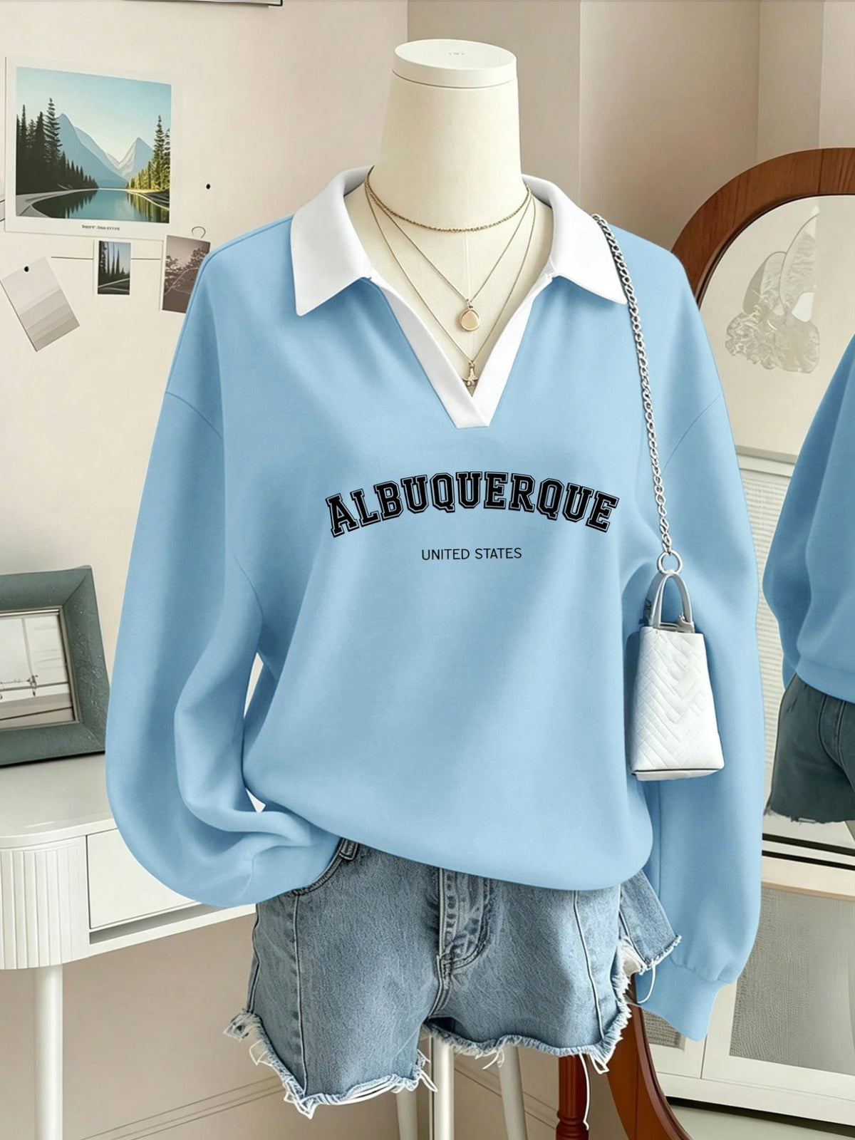 Women's Graphic Print Contrast Collar Polo V Neck Long Sleeve Sweatshirt, Loose Soft Casual Fall Winter Daily Wear - Light Blue