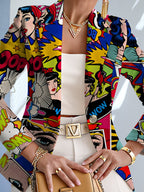 Designed for Spring And Autumn, This Elegant Women'S Blazer Is an Ideal Choice for Comfortable, Everyday Wear. It Features a Sophisticated, Harmonious Color Palette And a Unique Comic-Style Graffiti Print, Exuding an Air of Mature Elegance - Multicolor Print