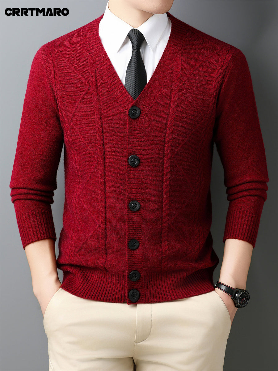 Men'S Wool Blend, Thick Knit Cardigan, Warm Casual Layering Top for Fall And Winter - Burgundy