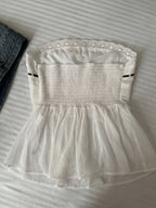 French Style Tie-Bow Camisole Vest Women'S Lace Trim Cinched Waist Chiffon Ruched Sleeveless Top - White