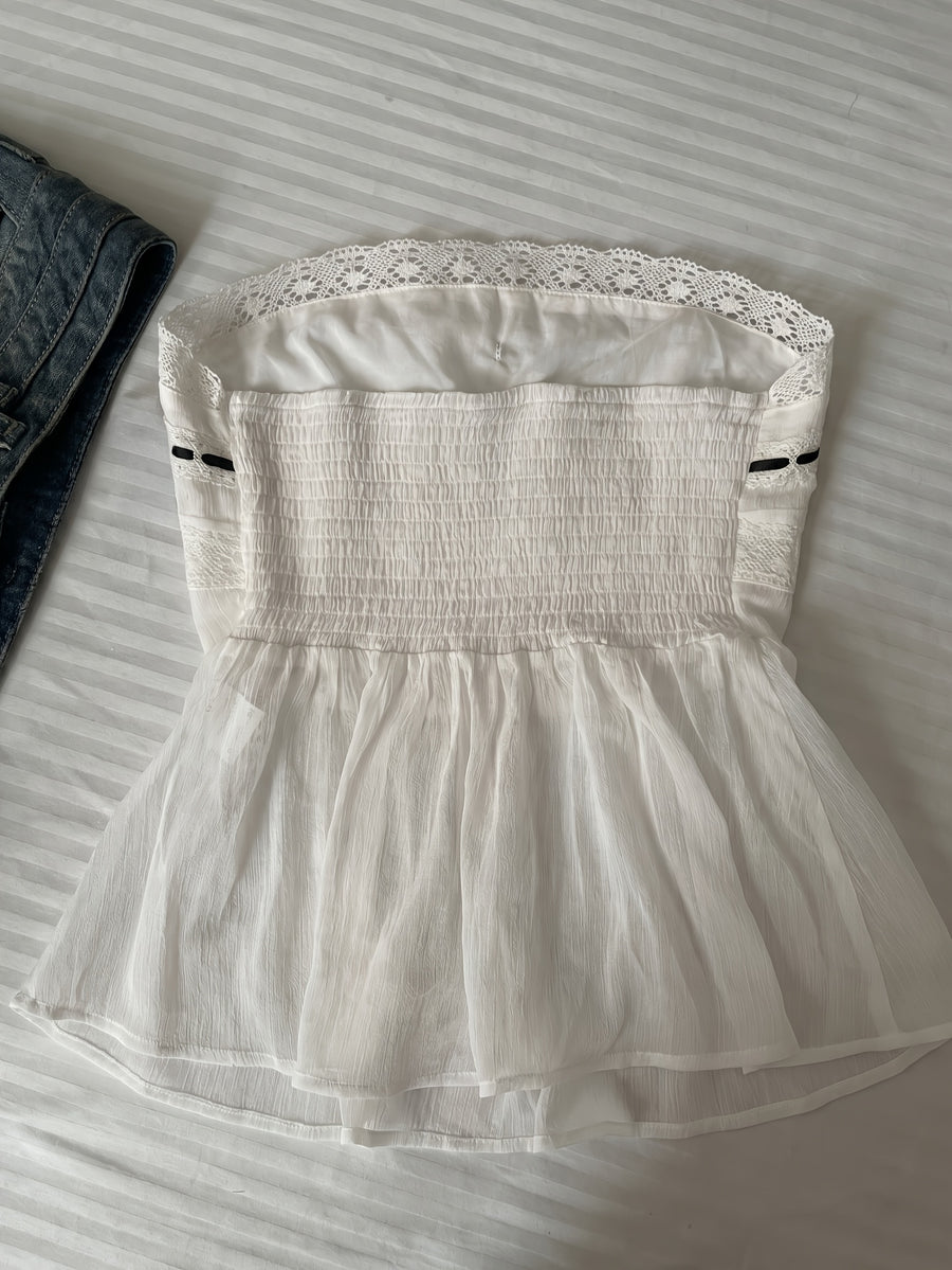 French Style Tie-Bow Camisole Vest Women'S Lace Trim Cinched Waist Chiffon Ruched Sleeveless Top - White
