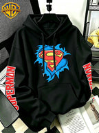 [Warner Bros] Licensed Men'S New Trendy Hoodie DC Superman Ripped Logo Print Casual Hooded Sweatshirt Everyday Drawstring Loose Pullover Machine Washable All-Match Sports Casual Men'S Top - Black