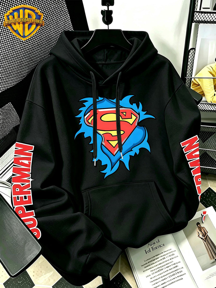 [Warner Bros] Licensed Men'S New Trendy Hoodie DC Superman Ripped Logo Print Casual Hooded Sweatshirt Everyday Drawstring Loose Pullover Machine Washable All-Match Sports Casual Men'S Top - Black