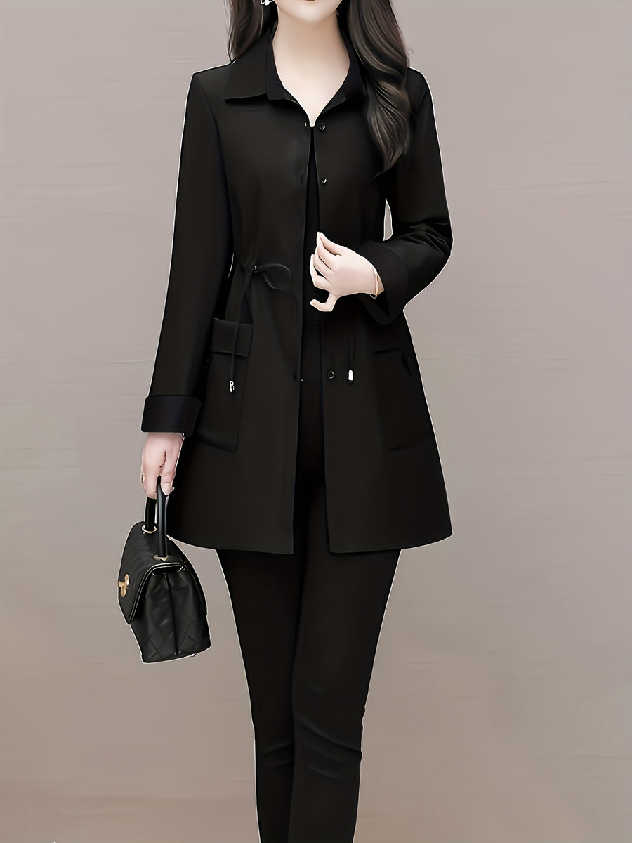 Spring And Autumn Fashion Long Slim Long-Sleeved Shirt Coat - Black