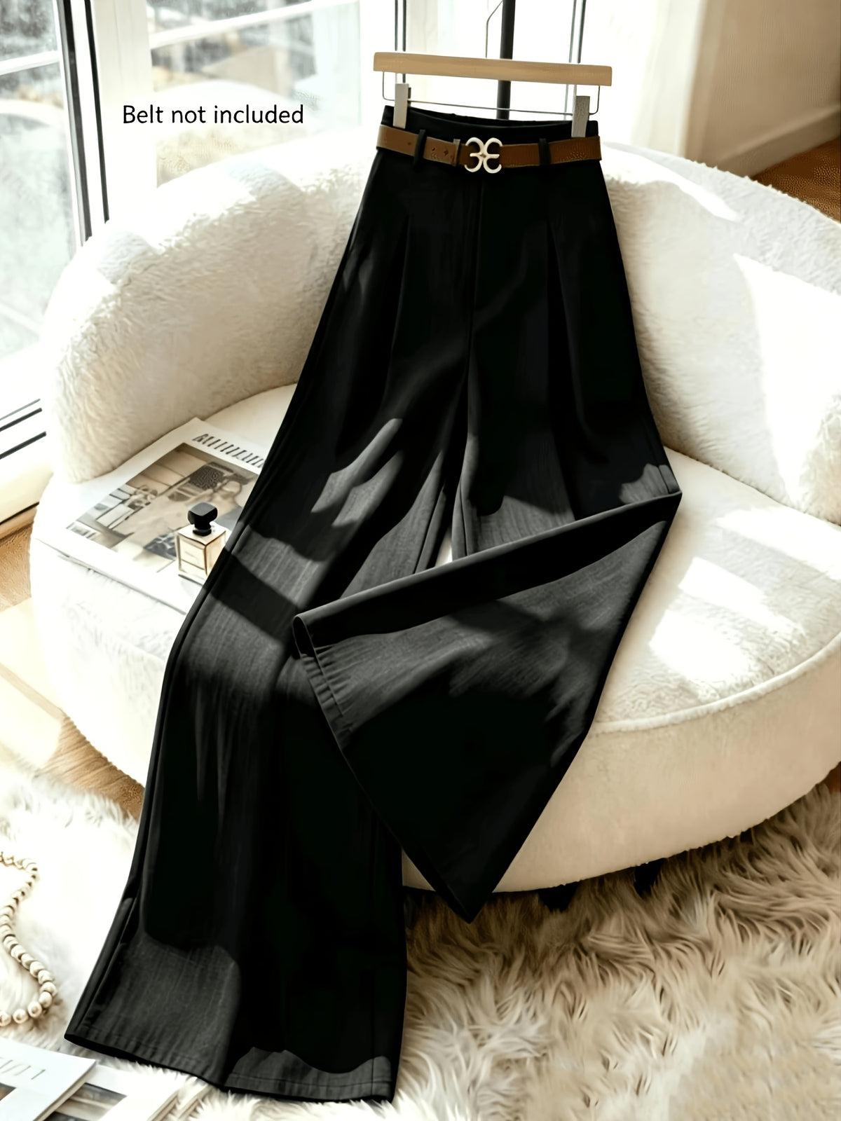 Women's High-Waisted Wide- Trousers - Loose-Fit Solid Color Pants Suitable for Daily Wear & Vacation, Beltless Spring/Summer Style for Office, Casual Outfits - Machine Washable Elegant Trousers - Black