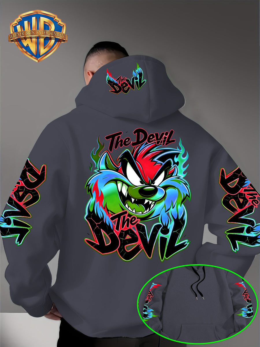 Le Yitong Flame Style Color-Block Graffiti Big Mouth Monster The Devil Print Hoodie, with Sleeve Print Design, Kangaroo Pouch And Drawstring Hood, Suitable for Autumn/Winter Casual Wear And Outdoor Activities - Dark Gray