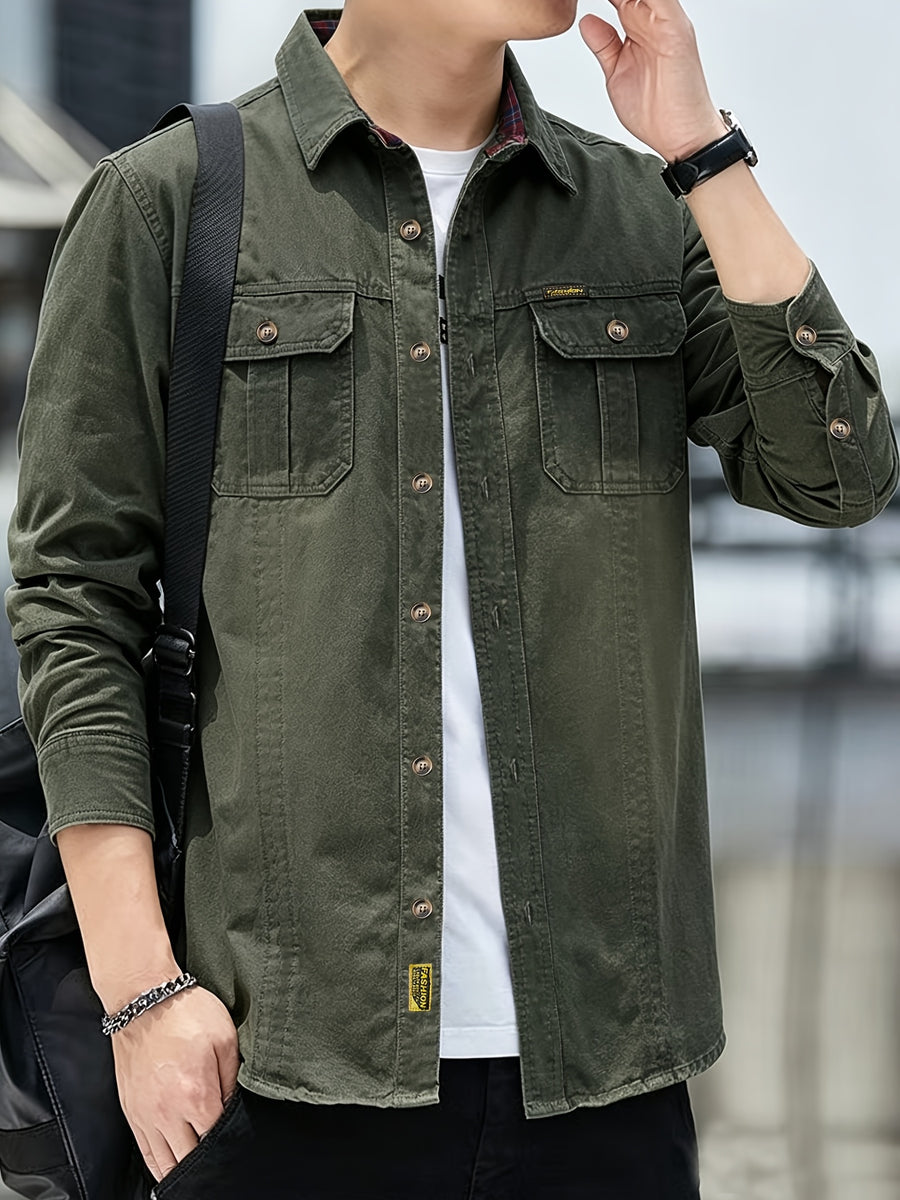2026 Hot Item All-Season Japanese Military Green Men'S Long Sleeve Denim Shirt Trendy Versatile Denim Shirt - Military Green