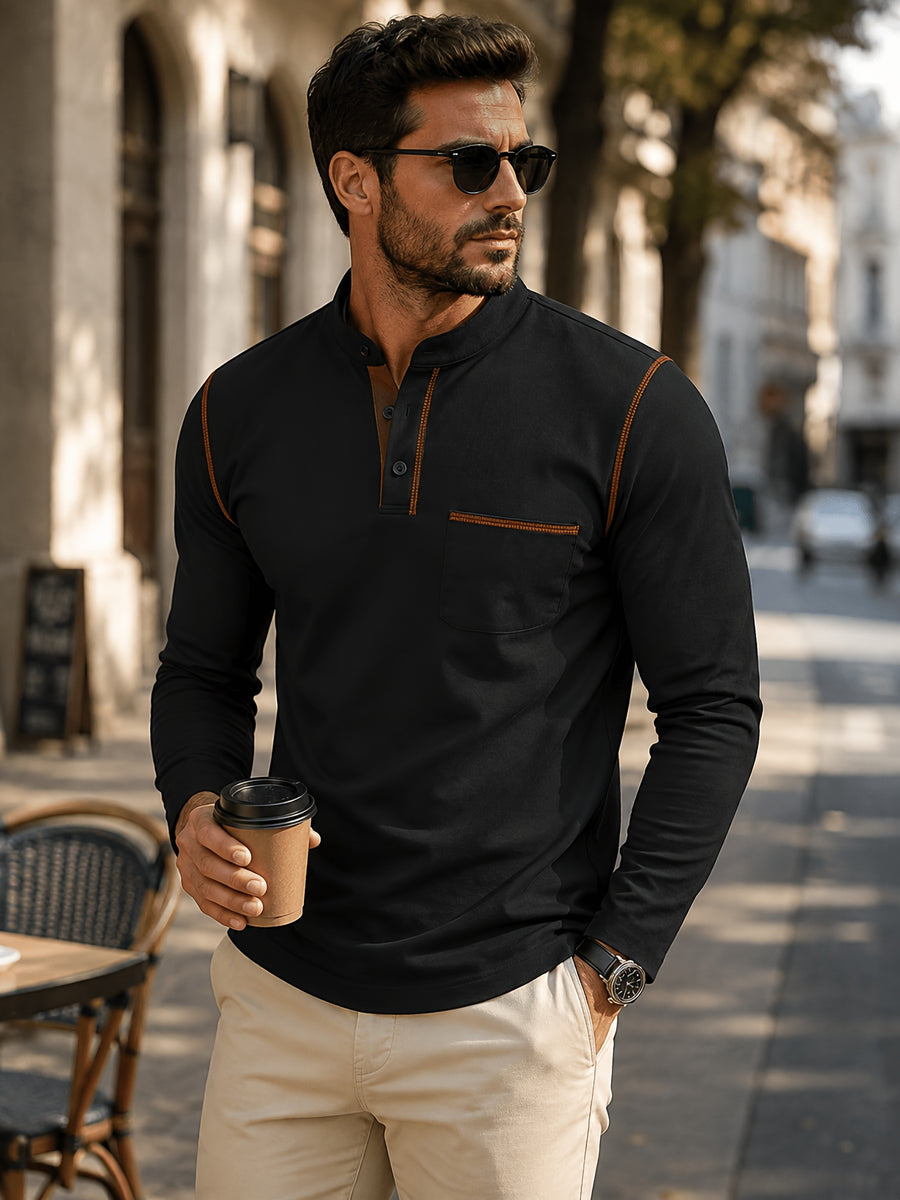 1pc Men'S Long Sleeve Henley Shirt, Stand Collar Slim Fit Casual Top, Solid Color Micro-Elastic Machine Washable Fabric, Contrast Stitching, Pocket Design Suitable for Early Autumn, for Daily, Travel, Dates - Black
