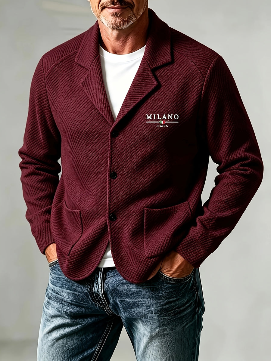 Men's New Spring, Autumn, and Winter Collection: Twill Textured Fabric Single-Breasted Notched Lapel Cardigan with Double Pockets, a Versatile Long-Sleeve Business Casual Outerwear. Soft, Comfortable, and Stylish Knitted Solid-Color Jacket - Burgundy