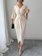 Batwing Sleeve Midi Dress, Twisted Waist Design Exudes Elegance - Apricot