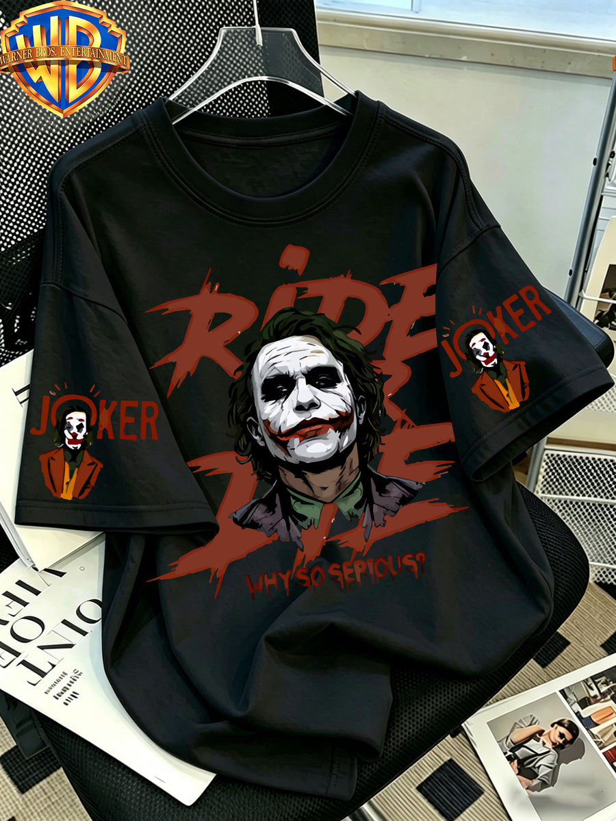 Warner Bros. Official - Batman Dark Knight Heath Ledger Joker Printed T-Shirt, Men'S 100% Casual And Comfortable Multi Functional Loose Summer Short Sleeved T-Shirt, Suitable for Outdoor And Daily Wearing - Black