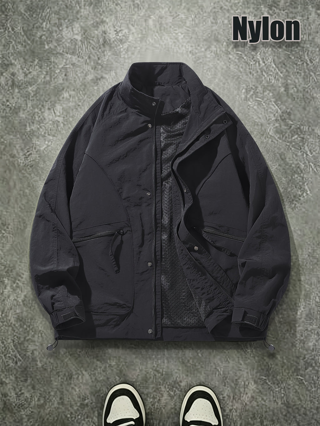 Men's Spring/Autumn American-Style Nylon Solid Color Stand Collar Jacket, Breathable Lightweight Windproof Functional Workwear Outerwear, Loose Fit Streetwear Casual Windbreaker - Black