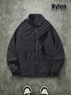 Men's Spring/Autumn American-Style Nylon Solid Color Stand Collar Jacket, Breathable Lightweight Windproof Functional Workwear Outerwear, Loose Fit Streetwear Casual Windbreaker - Black
