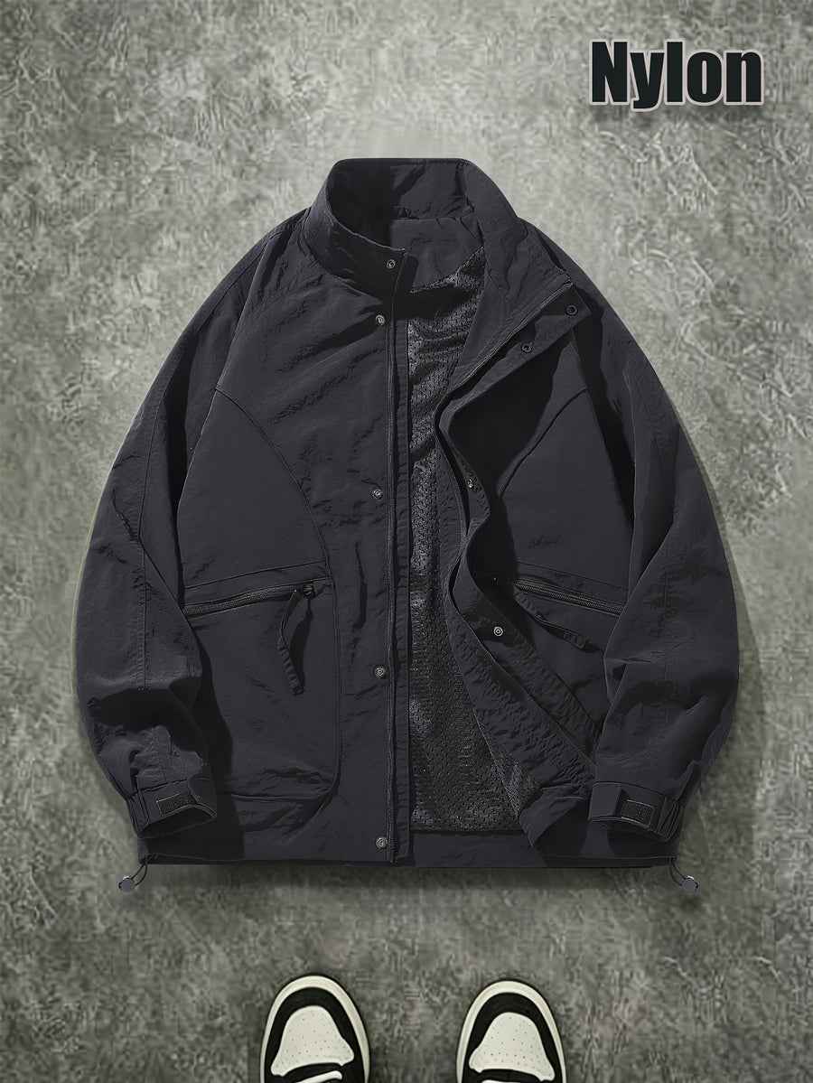Men's Spring/Autumn American-Style Nylon Solid Color Stand Collar Jacket, Breathable Lightweight Windproof Functional Workwear Outerwear, Loose Fit Streetwear Casual Windbreaker - Black