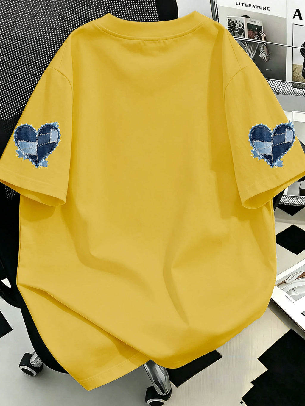 Plus Size, Plus Size Women's Casual Denim Patchwork Heart Print Crew Neck T-Shirt, Comfortable and Relaxed, Suitable for Summer Vacations, Beach, Holidays, Spring, Valentine's Day, Carnival Gifts - Yellow