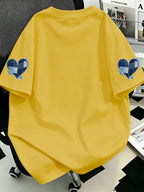 Plus Size, Plus Size Women's Casual Denim Patchwork Heart Print Crew Neck T-Shirt, Comfortable and Relaxed, Suitable for Summer Vacations, Beach, Holidays, Spring, Valentine's Day, Carnival Gifts - Yellow