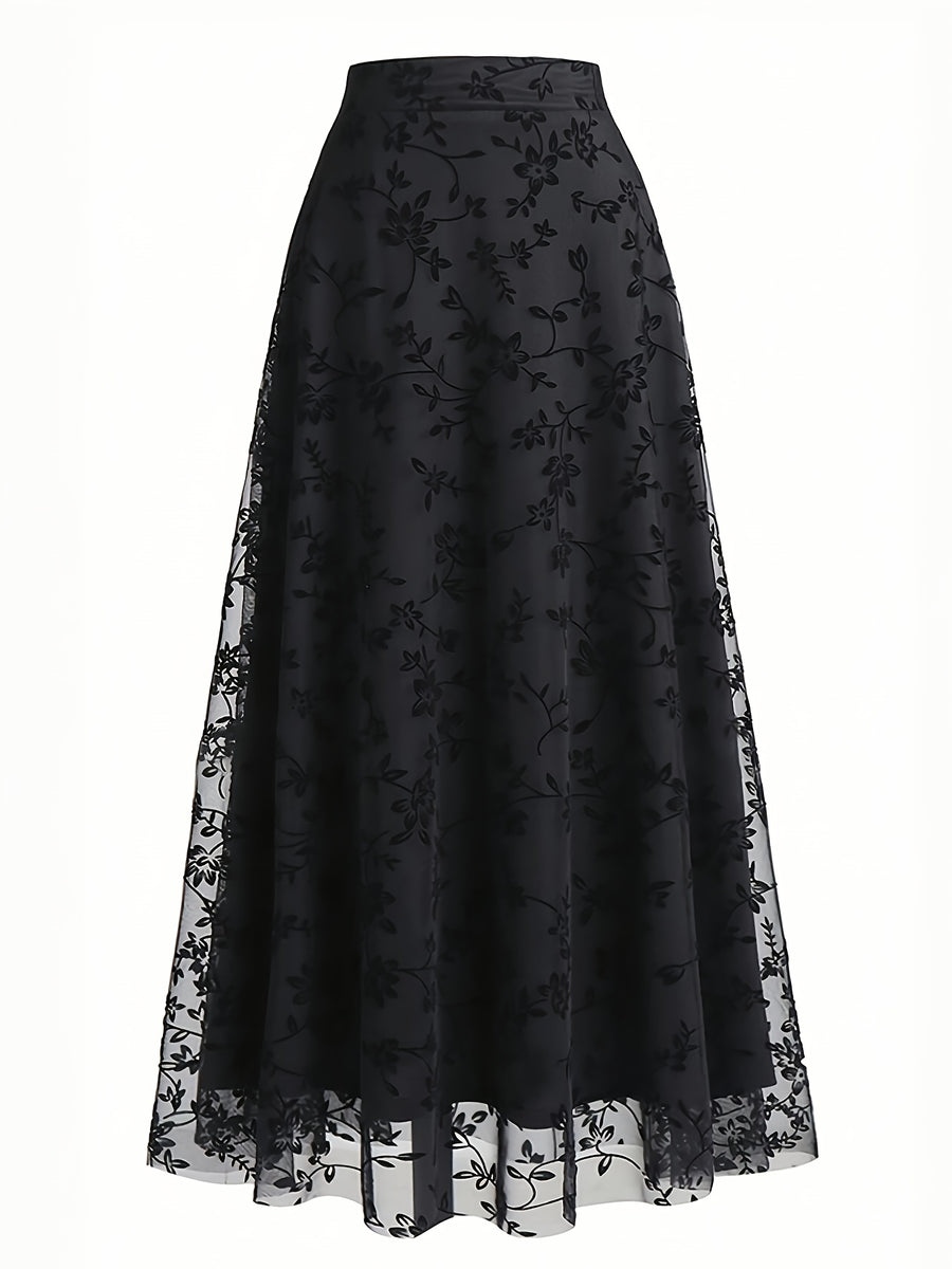 New High-Waisted Mesh Skirt with Loose Floral Embroidery A-Line for Women - Black