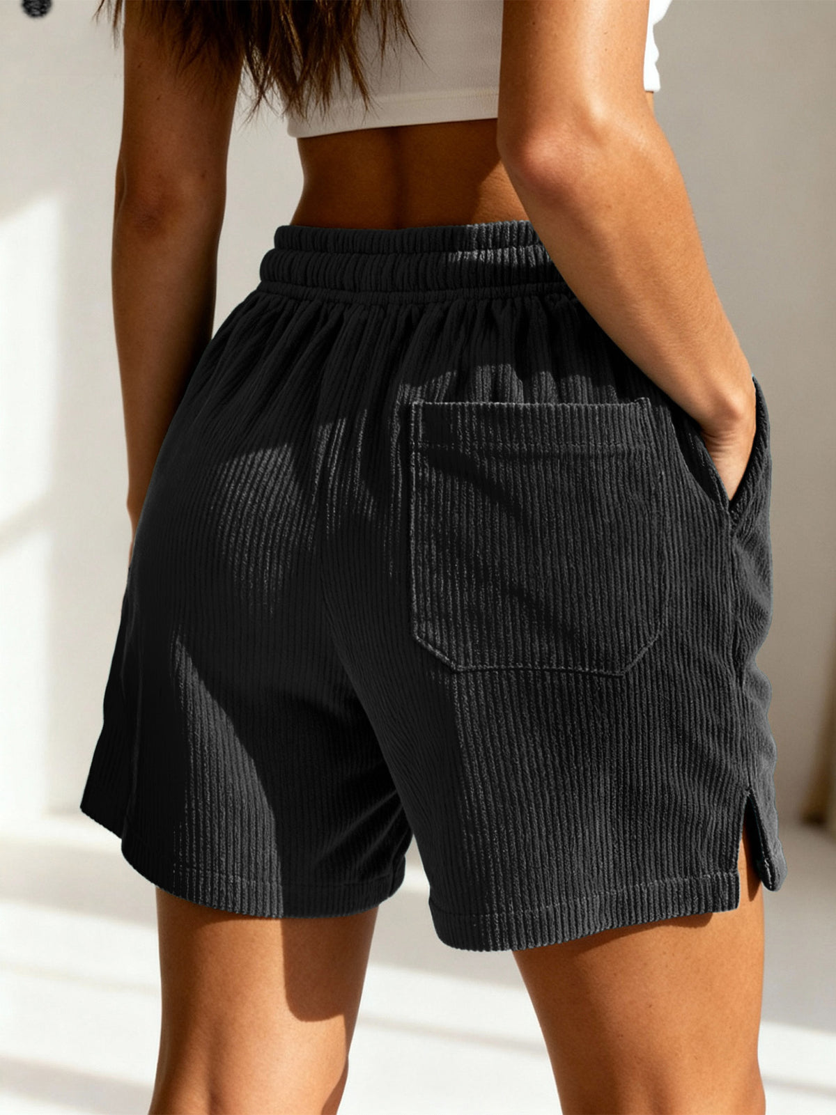 Women'S New Casual Corduroy Shorts, Waist Drawstring, Summer Thin Fashion Shorts Suitable for Daily Leisure, Wear - Black