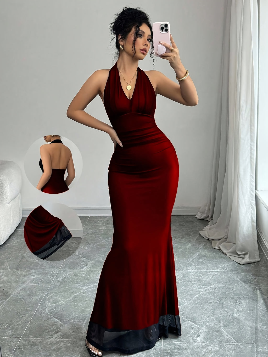 Women'S Fashionable And Elegant Slim Fit Fishtail Hem V-Neck Waist Pleated Mesh Long Dress, Rose Red Lining, Suitable for Autumn And Winter Seasons - Red