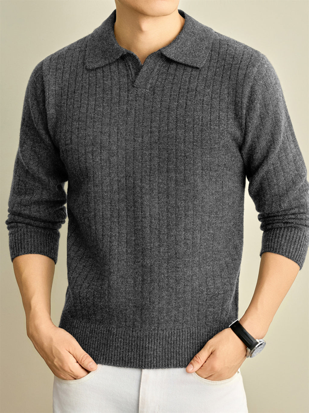 Autumn Winter Knit 3D Solid Color Lapel Polo Sweater, Basic Knit Pullover Top for Men, Fashionable Long Sleeve Sweater, Size S - Medium Gray