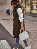 Women'S Stand-Up Collar Hooded Mid-Length Warm Quilted Vest Jacket, Double-Ended Zipper Design, Outer Placket Button Structure, Sleeveless Slim Fit, Lightweight And Comfortable, with Practical Pockets - Khaki