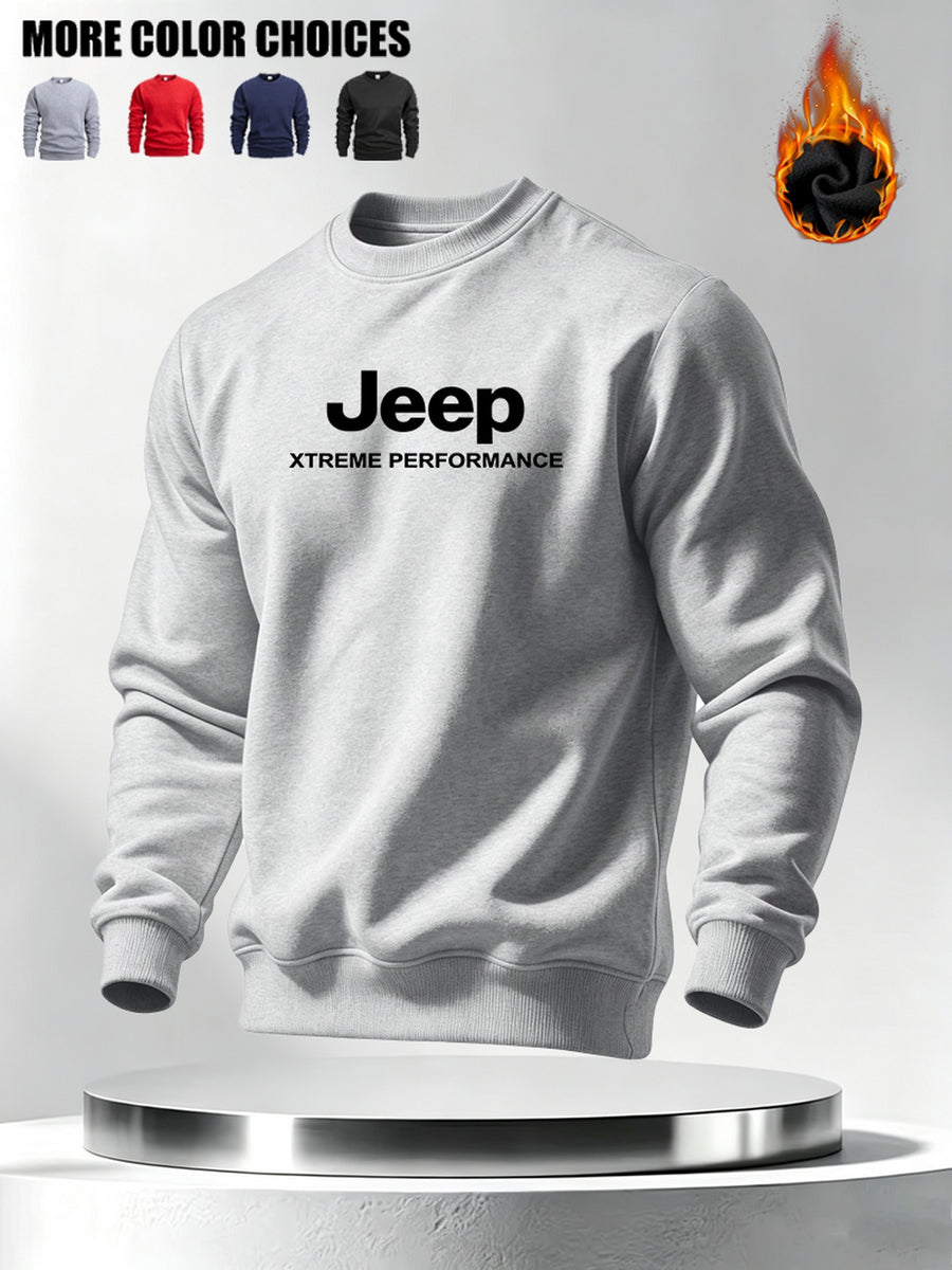 Autumn Winter Men'S Thickened Fleece Round Neck Sweatshirt JEEP Letter Print Loose Long Sleeve Pullover 4 Colors Available Soft Skin-Friendly Daily Commute Inner Outerwear All-Match Warm Casual Base Layer Top - Light Grey