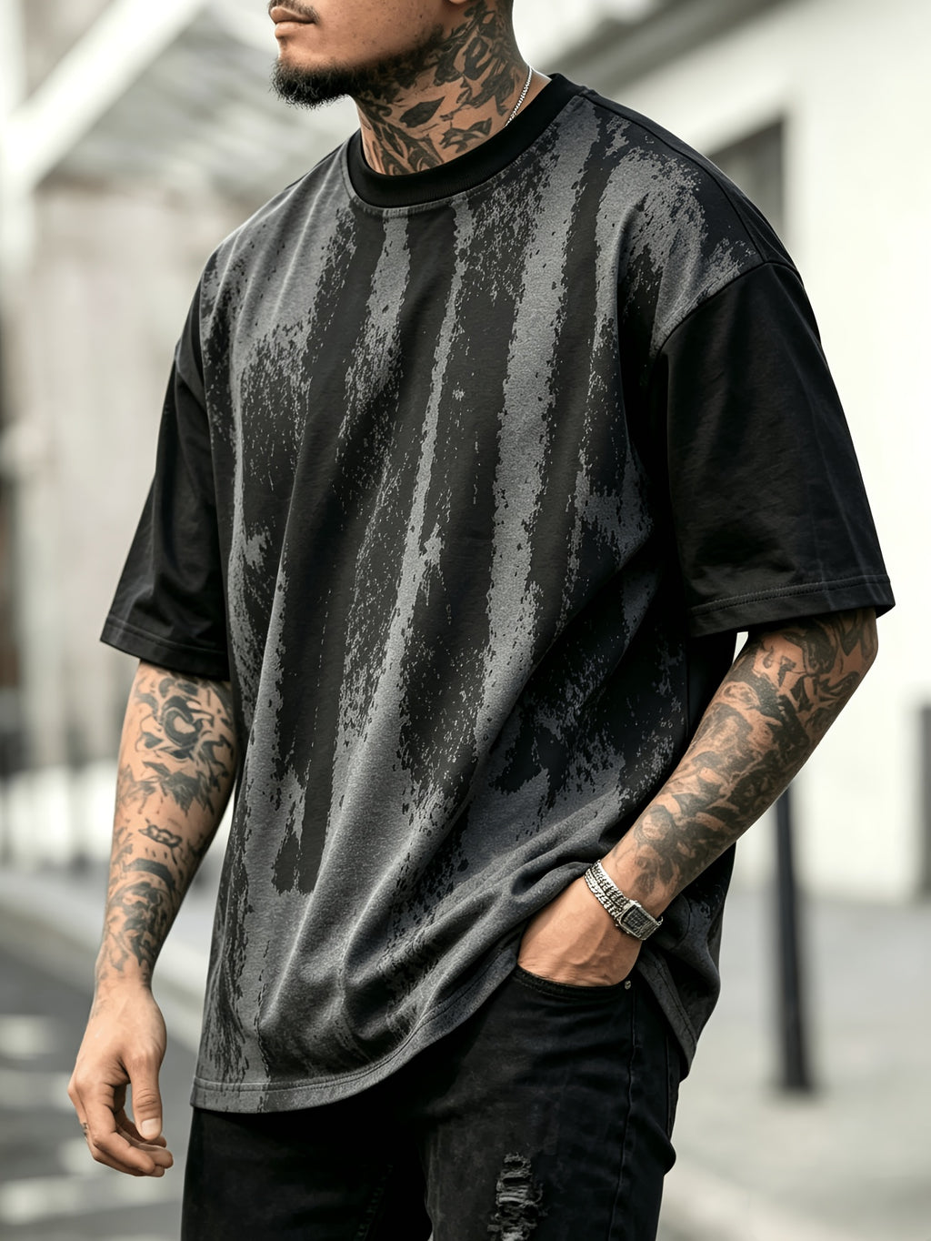 Men'S Oversized Drop Shoulder Crew Neck Short Sleeve T-Shirt, Vintage Faded Vertical Splash Print Elastic Loose Fit Hip Hop Streetwear Basic Tee, Breathable Relaxed Cut Summer Daily Outdoor Workout Casual Top for Men - Black
