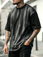 Men'S Oversized Drop Shoulder Crew Neck Short Sleeve T-Shirt, Vintage Faded Vertical Splash Print Elastic Loose Fit Hip Hop Streetwear Basic Tee, Breathable Relaxed Cut Summer Daily Outdoor Workout Casual Top for Men - Black