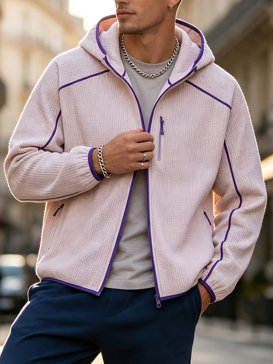 2026 New Men's Waffle Knit Textured Sport Jacket, Spring/Autumn Lightweight Hooded Outerwear, Suitable for Sports & Fitness, Outdoor Activities, Daily Home Wear, and Casual Outings - Pink Color