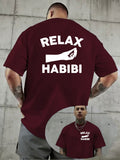 Creative Double-Sided Pattern Print, RELAX HABIBI Fun Slogan Print T-Shirt, Bold Statement, Easy, Summer Men'S Casual Short Sleeve T-Shirt Round Neck Top, Knit Fabric, Fresh And Comfortable - Burgundy