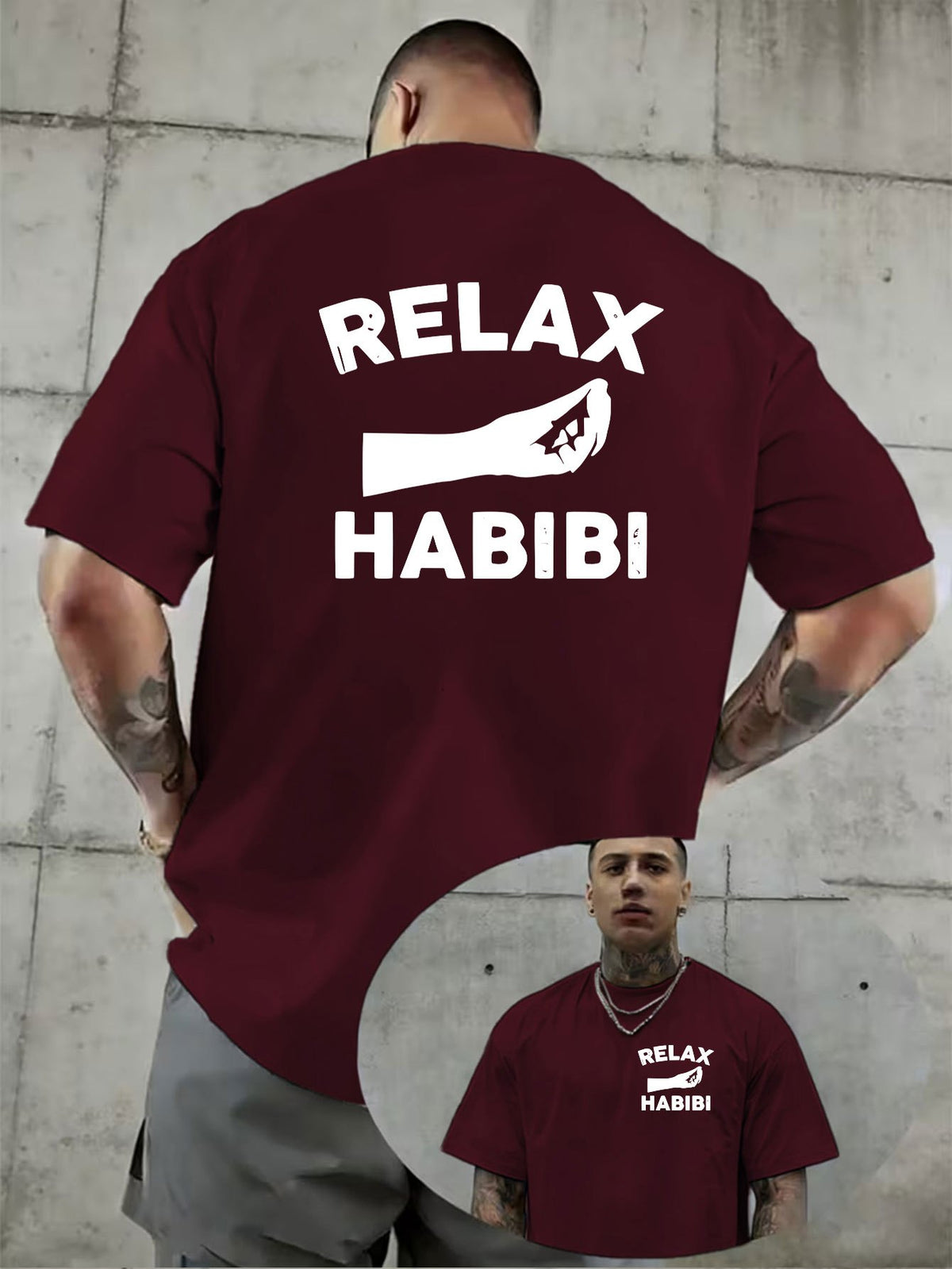 Creative Double-Sided Pattern Print, RELAX HABIBI Fun Slogan Print T-Shirt, Bold Statement, Easy, Summer Men'S Casual Short Sleeve T-Shirt Round Neck Top, Knit Fabric, Fresh And Comfortable - Burgundy