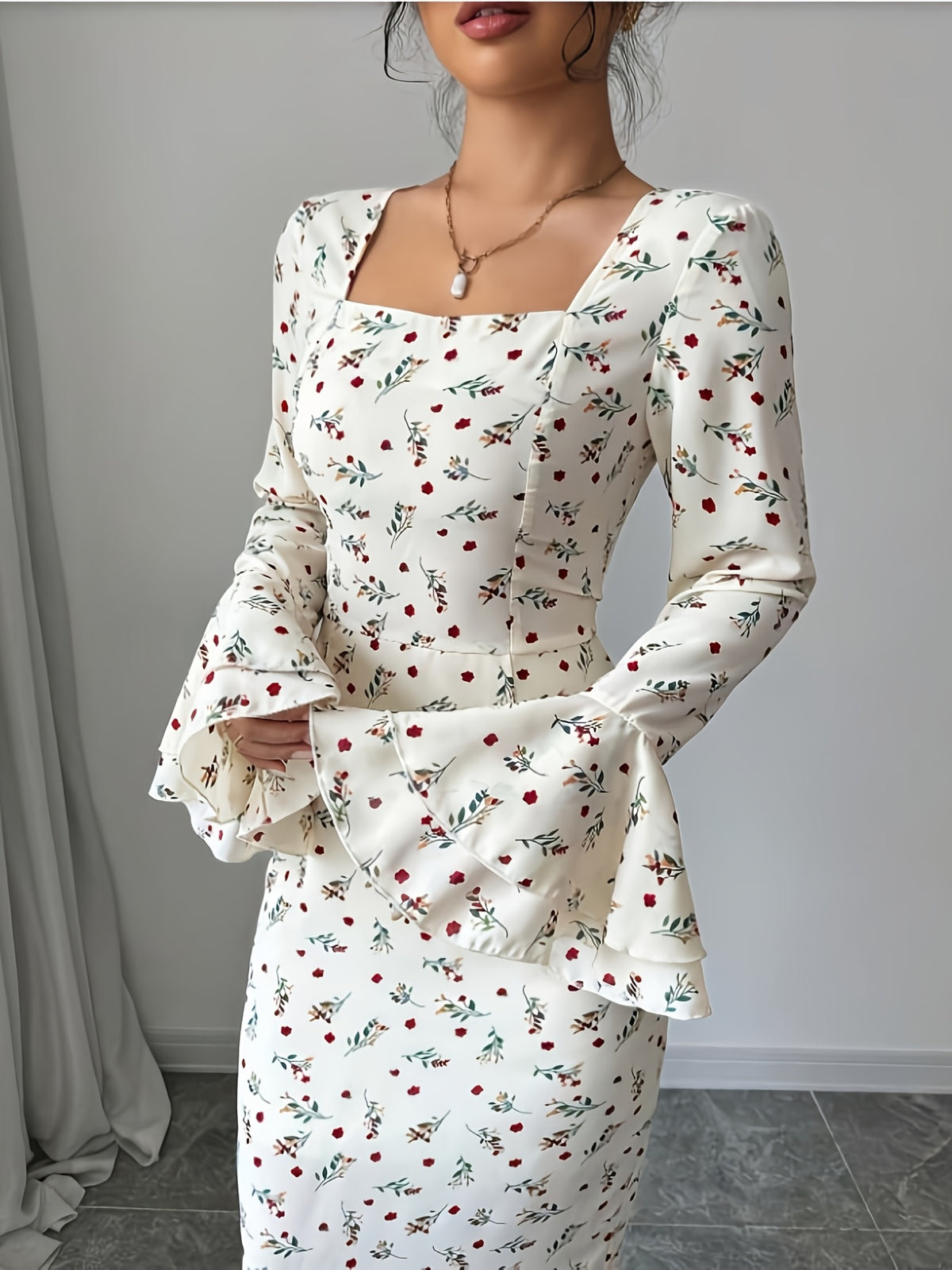 The White Base with Small Floral Print in a Gentle and Fresh Color Scheme, Paired with Double-layer Flared Sleeves, Is the Soul of This Garment, Highlighting a French-style Rustic Elegance. Perfect for Daily Dates, Afternoon Tea, or Light Business - Multicolor