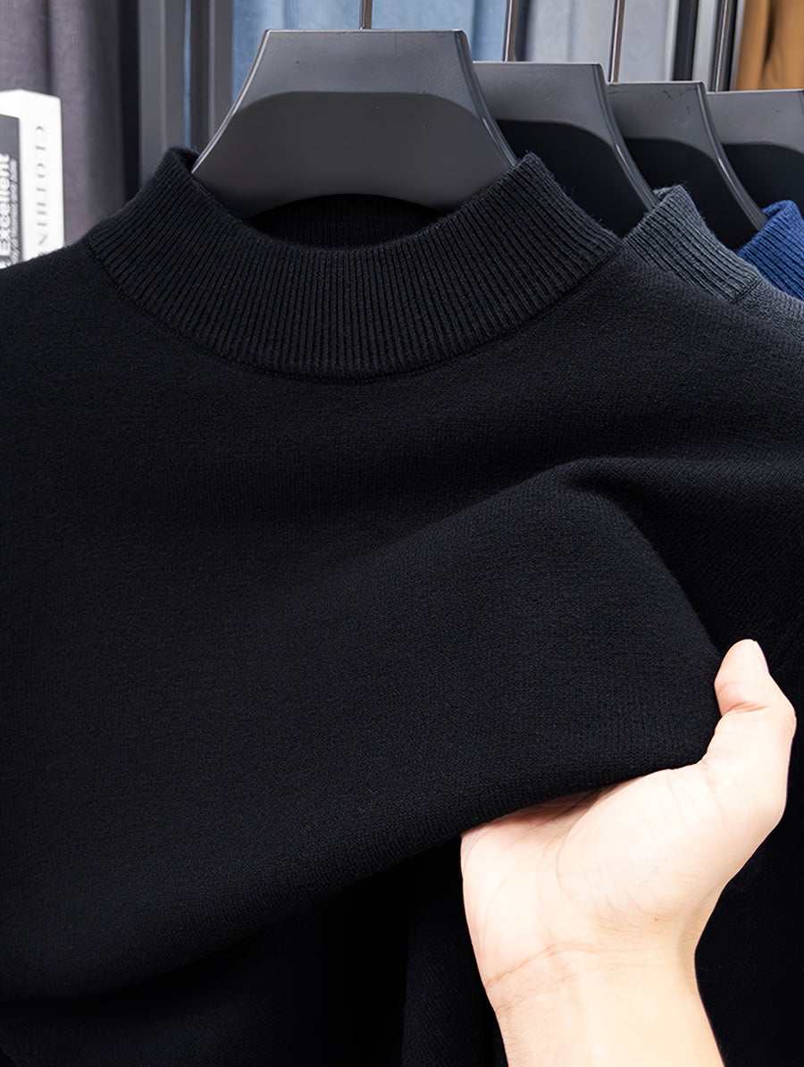 Men's Solid Color Half-Turtleneck Sweater, Available in Multiple Colors, Ribbed Cuffs, Simple Basic Style, Business Casual for Autumn/Winter, Slim Fit Commuter Base Layer Knit Top - Black