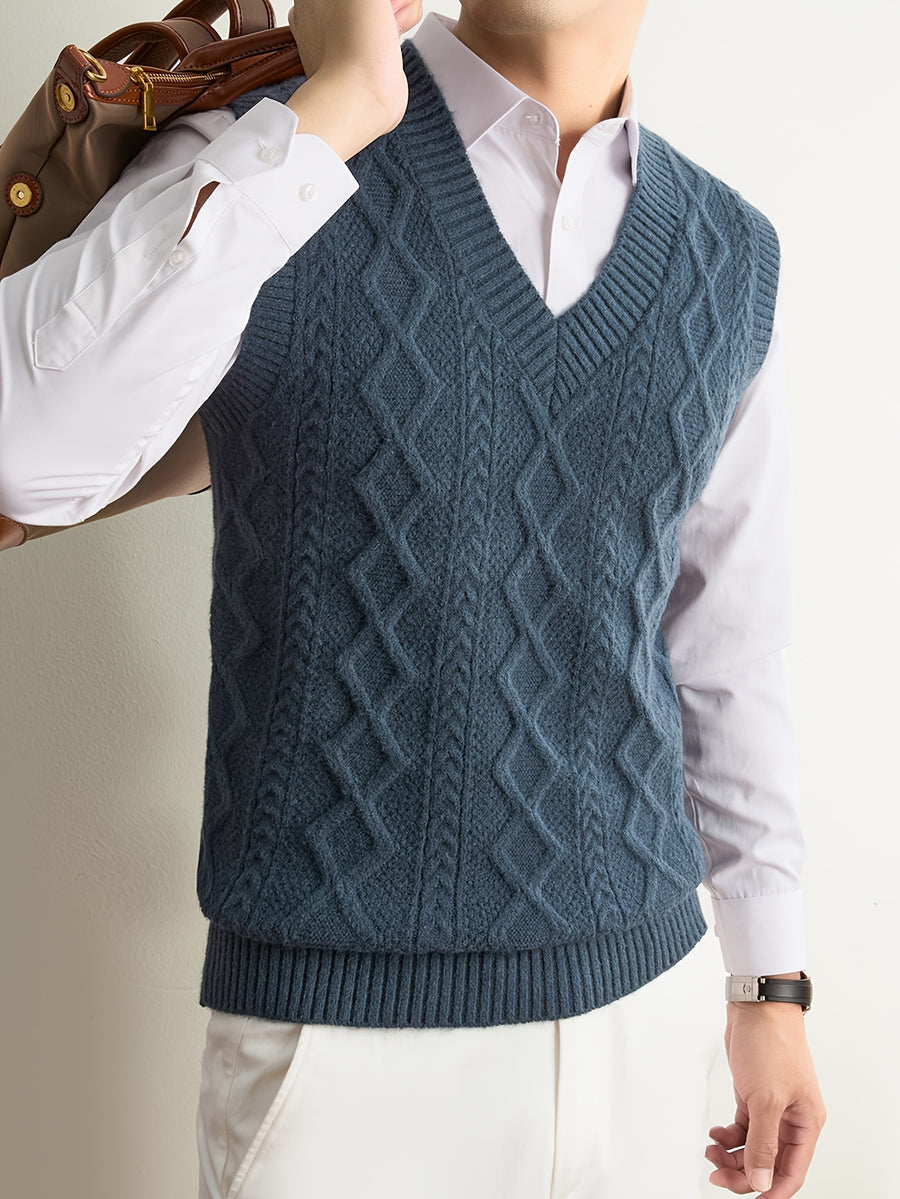 Men's V-neck Simple and Stylish Knitted Autumn/Winter Pullover Sleeveless Sweater Vest (Single Piece) - Blue