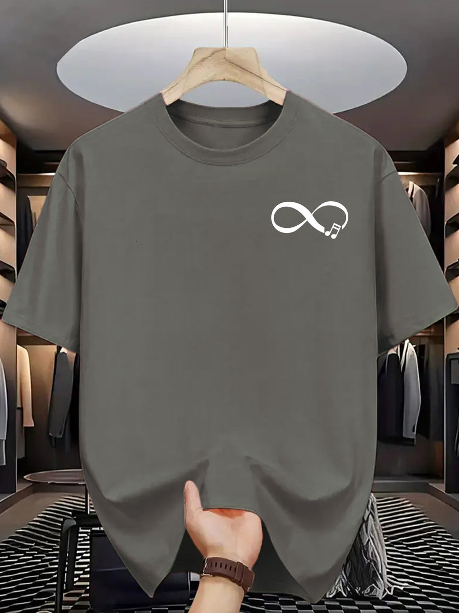 Men'S Casual Summer T-Shirt with Stylish Infinity Symbol & Heartbeat Print - Breathable Polyester, Crew Neck, Short Sleeve, Regular Fit - Perfect for Casual Attire - Grey