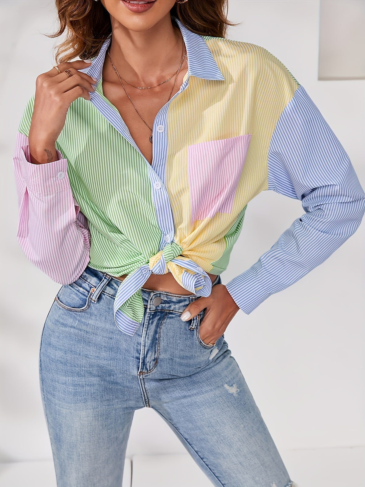 Striped Print Color Block Drop Shoulder Shirt - Mixed colors