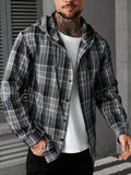 Men'S Black Gray Plaid Hooded Long Sleeve Shirt Jacket, Casual Loose Lapel Single-Button Top, Street Retro Daily Commute Layering Jacket - Black