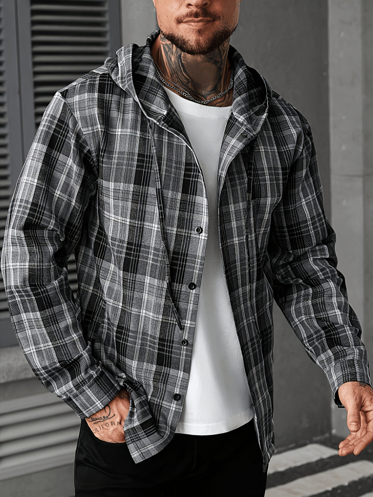 Men'S Black Gray Plaid Hooded Long Sleeve Shirt Jacket, Casual Loose Lapel Single-Button Top, Street Retro Daily Commute Layering Jacket - Black