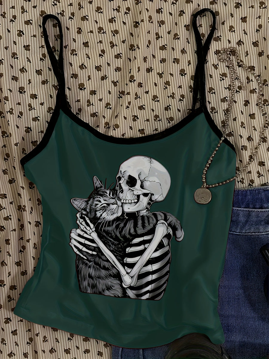Casual and Simple Spaghetti Strap Tank Top with Skull, Cat, and Music Festival Prints, Perfect for Summer Vacations - Green