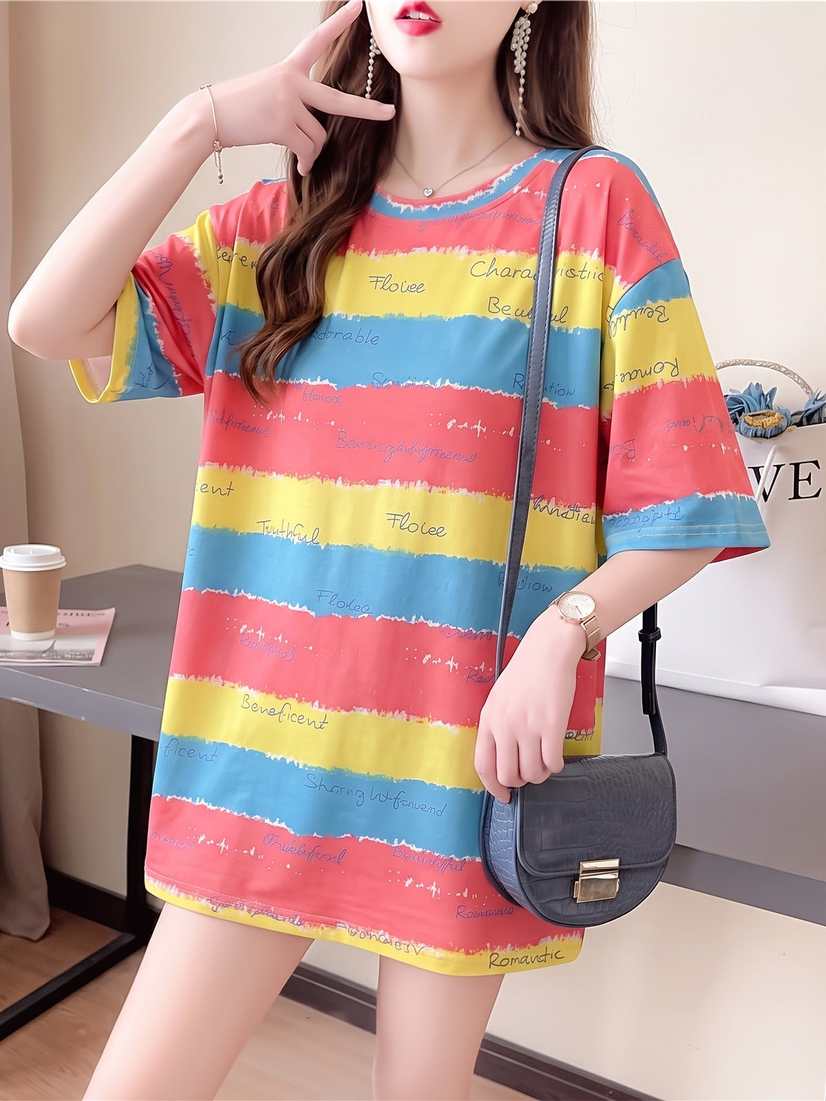 New Summer Fashion Plus-Size Women'S Loose-Fitting Mid-Length Cartoon Short-Sleeve T-Shirt - Red
