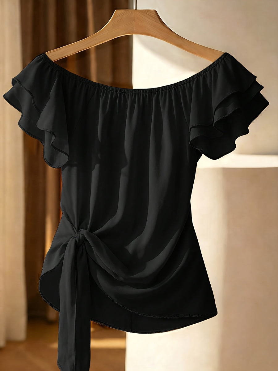 Women's New Summer Style Simple and Fashionable Casual Solid Color Off-Shoulder Tie Hem Fitted Shirt - Black