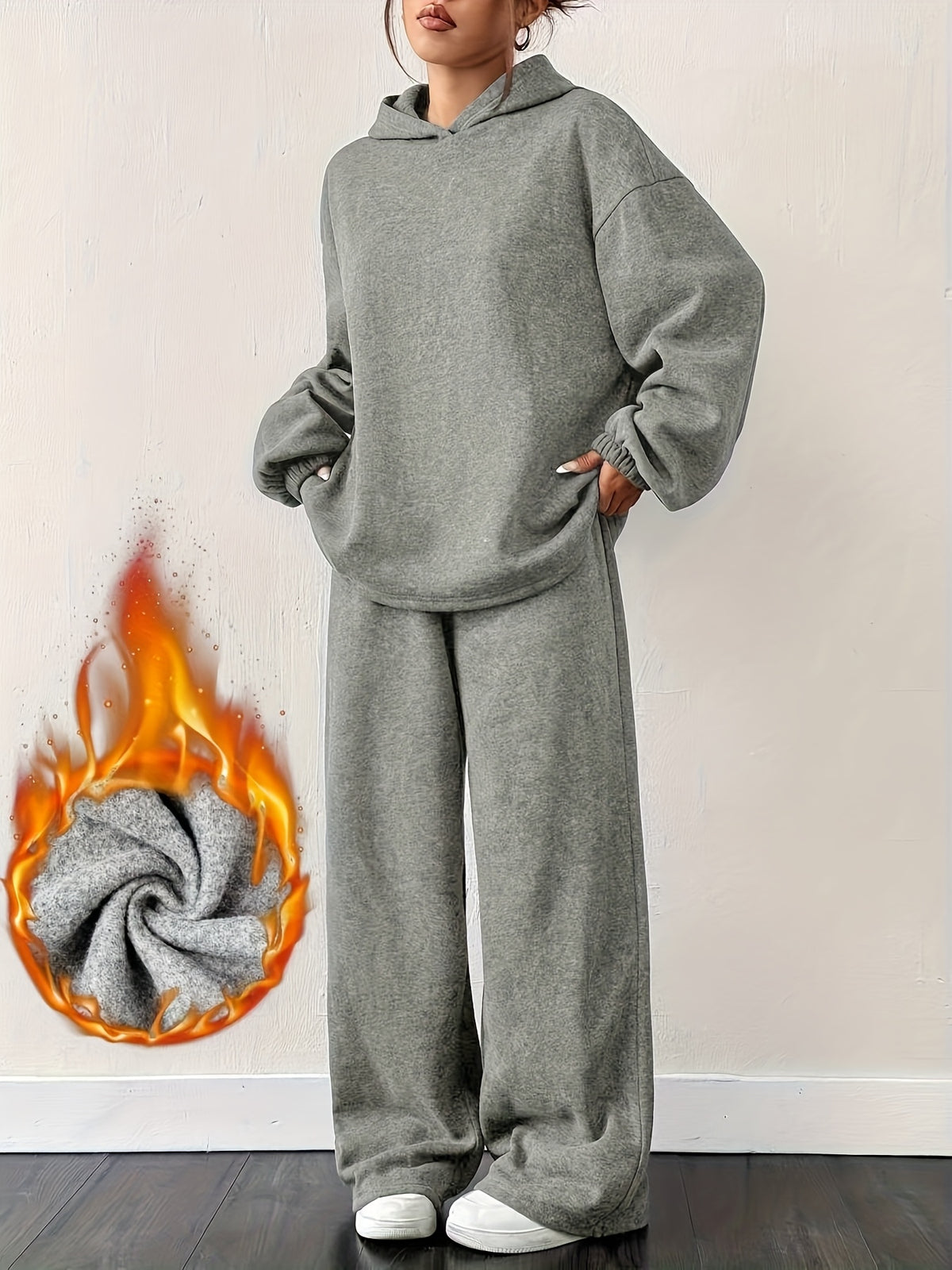 European and American Autumn Winter Loose Solid Color Hooded Sweatshirt Straight Leg Pants Casual Sportswear Set - Grey
