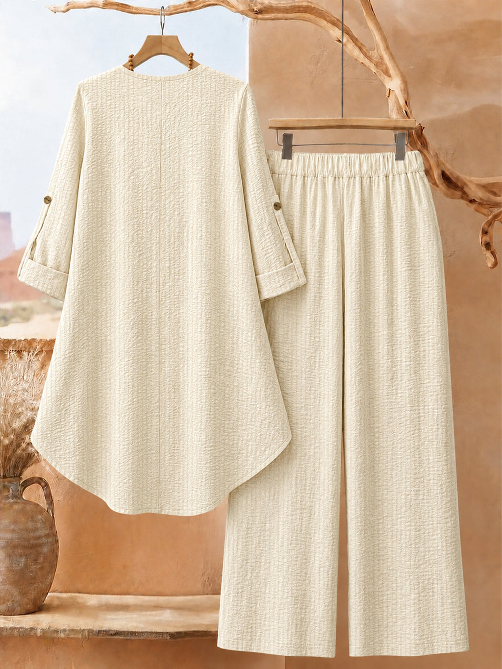 Women's Fashion Solid Color Irregular Hem Design Top and Wide-Leg Pants 2pcs Set, Textured Fabric, Loose Fit,, Artistic Style Casual Outfit - Apricot