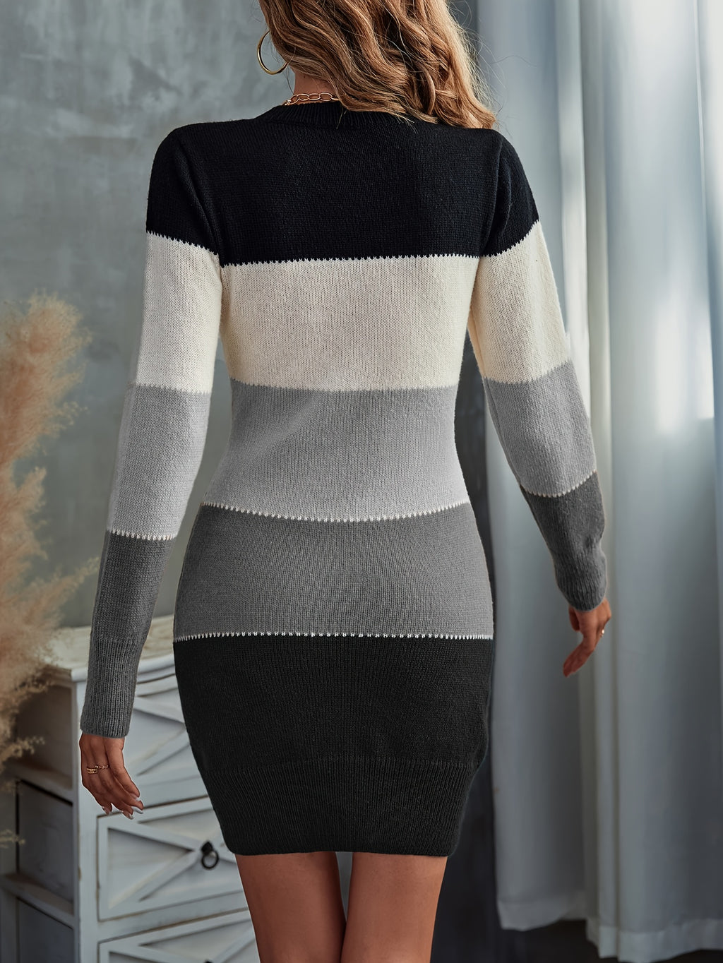 Women'S Easy Slim-Fitting Patchwork Casual Comfortable Color-Block Round Neck Sweater Dress - Grey