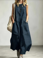 2026 New Cross-Border Women's Fashion Elegant Temperament Casual Outing Summer Solstice Solid Color Sleeveless Round Neck Wide-Leg Jumpsuit - Navy Color