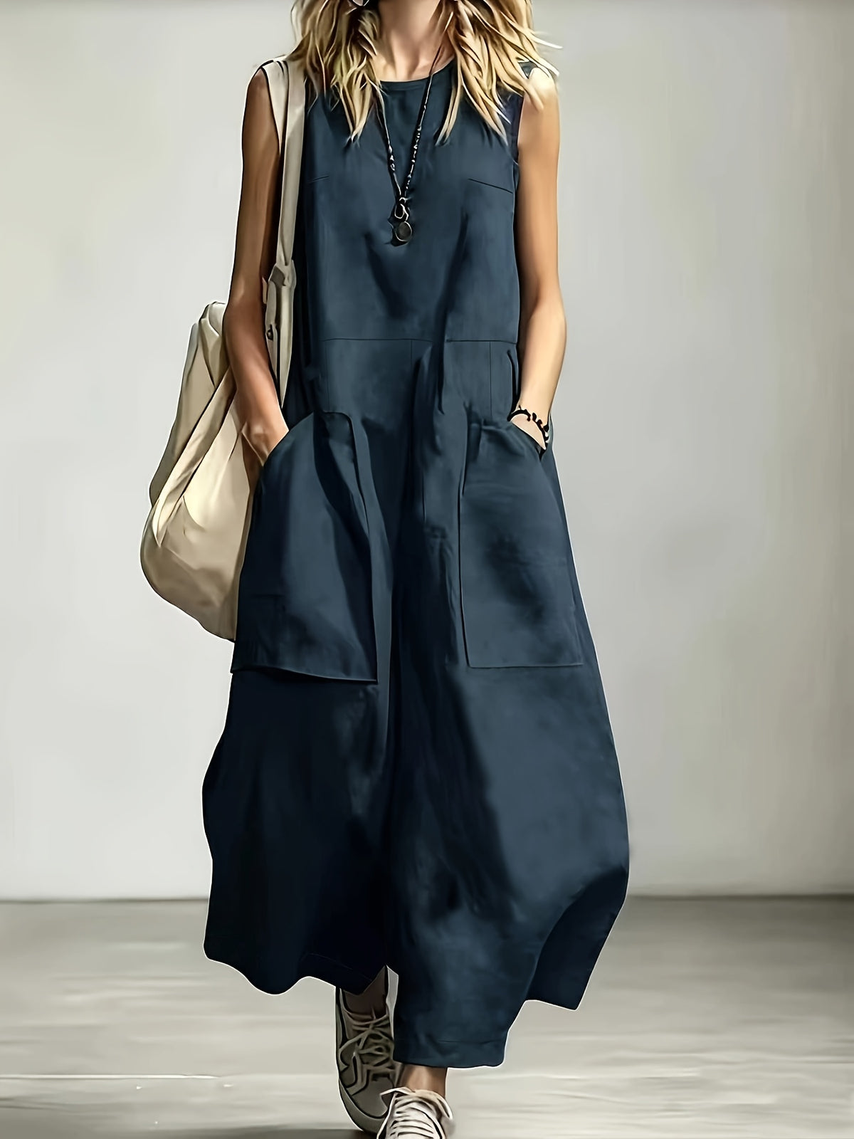 2026 New Cross-Border Women's Fashion Elegant Temperament Casual Outing Summer Solstice Solid Color Sleeveless Round Neck Wide-Leg Jumpsuit - Navy Color