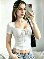 BK260313065 Women'S Spring Summer New Fashion Elegant Short Sleeve Shirt, And Slender, Lace Patchwork And Bow Tie Design on Collar, Perfect Choice for Daily And Dates - White