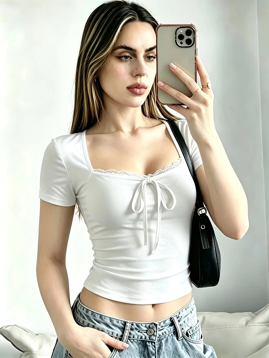 BK260313065 Women'S Spring Summer New Fashion Elegant Short Sleeve Shirt, And Slender, Lace Patchwork And Bow Tie Design on Collar, Perfect Choice for Daily And Dates - White