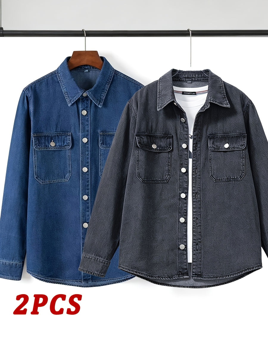Spring/Autumn Men's Loose-Fit Streetwear Style Cool and Handsome Long-Sleeve Denim Shirt with American-Style Jacket Outer, 2pcs Set - Dark blue + black gray